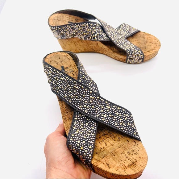 Corkys Shoes - CORKYS Summit Grey Embellished Criss Cross Strap Cork Wedges Heeled Sand…